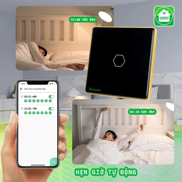 Công tắc cảm ứng Hunonic Luxury hình vuông viền vàng 3