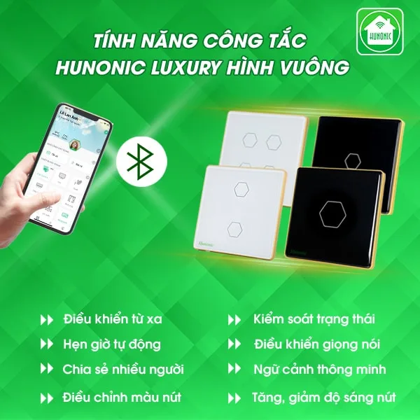 Công tắc cảm ứng Hunonic Luxury hình vuông viền vàng 4