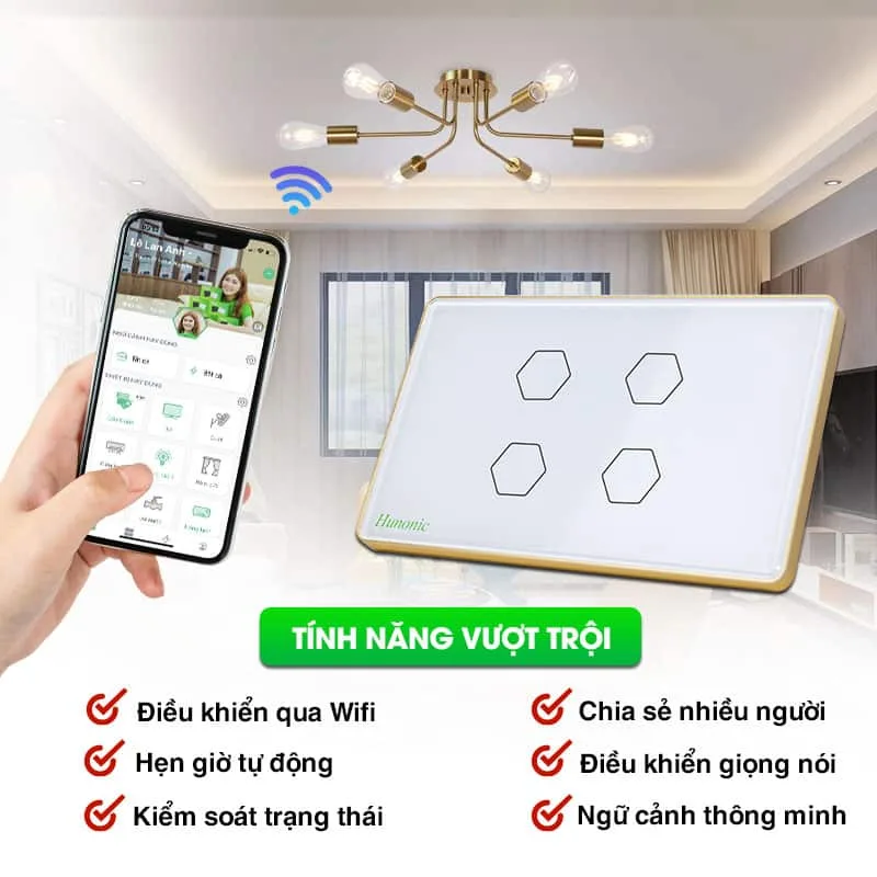Công tắc cảm ứng Hunonic Luxury hình chữ nhật viền vàng 2