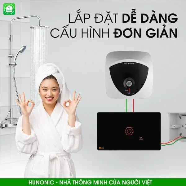 Công tắc chống giật bình nóng lạnh thông minh Hunonic Luxury viền vàng 2