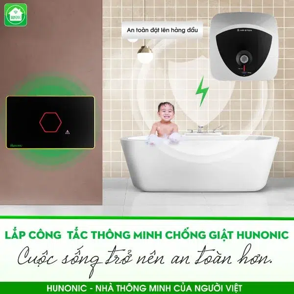 Công tắc chống giật bình nóng lạnh thông minh Hunonic Luxury viền vàng 3
