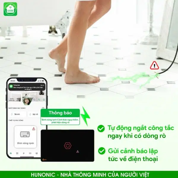 Công tắc chống giật bình nóng lạnh thông minh Hunonic Luxury viền vàng 4