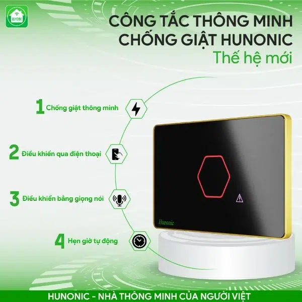Công tắc chống giật bình nóng lạnh thông minh Hunonic Luxury viền vàng 5